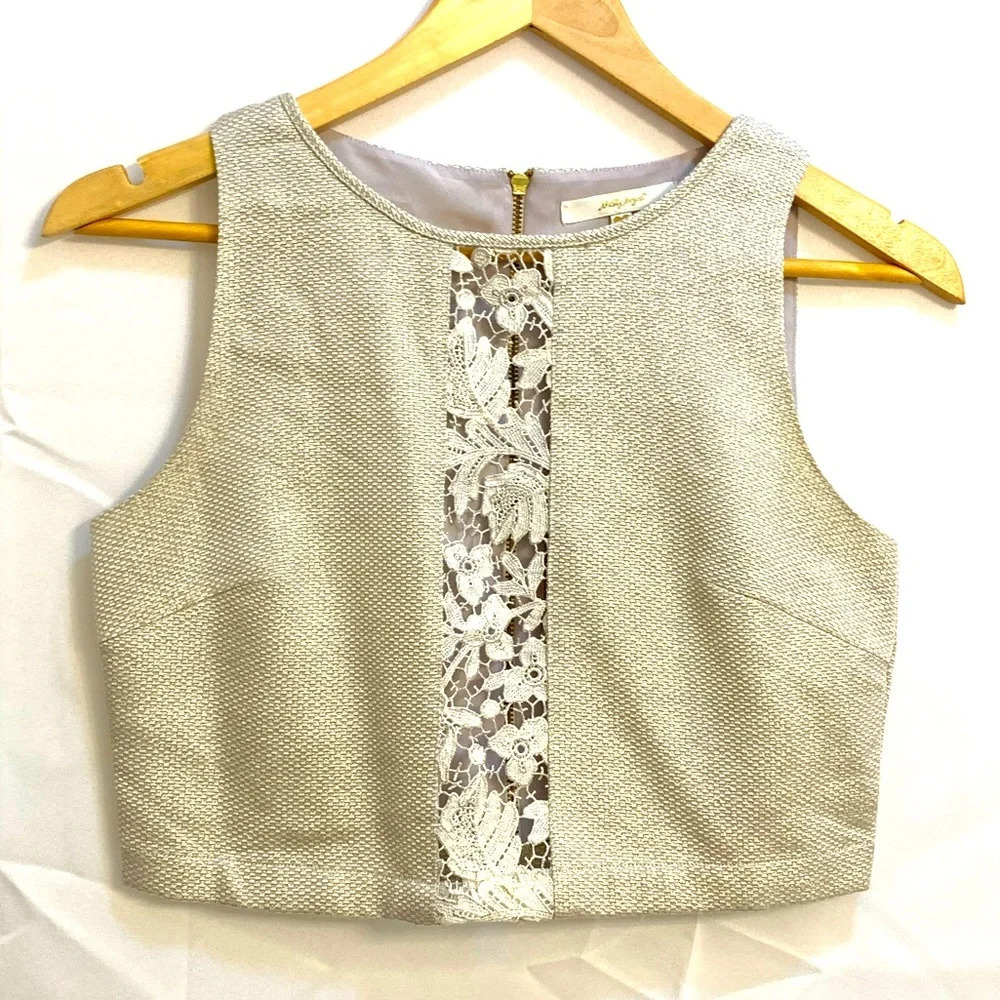 Misty Mynx Gold and Cream Crop Top with Floral Lace Panel and Zip Back - size XS
